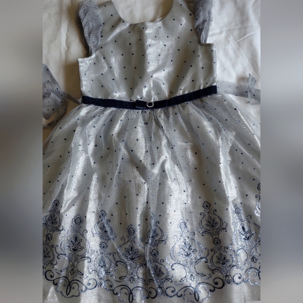 New Formal Little Girl Dress in Navy Blue & Silver